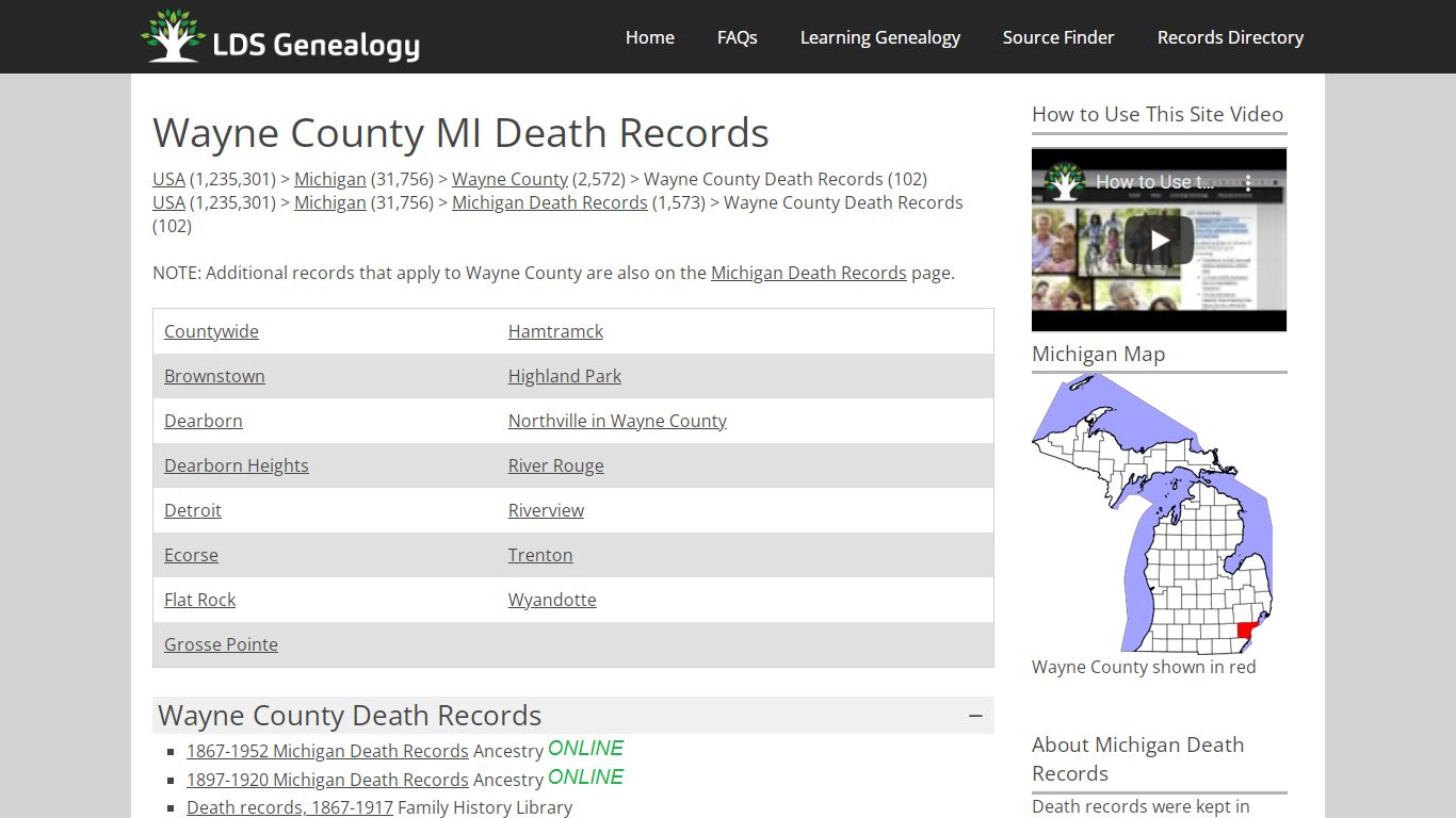 Wayne County MI Death Records - LDS Genealogy