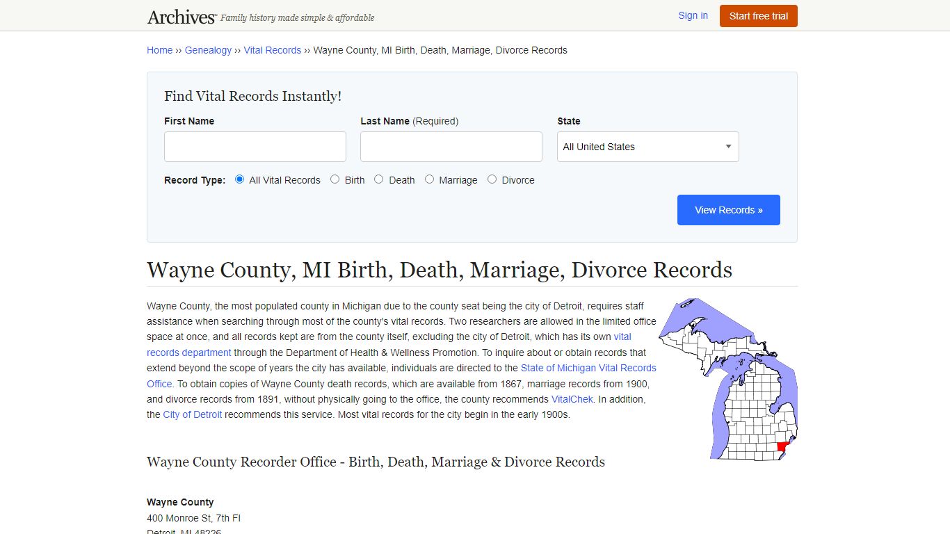 Wayne County, MI Birth, Death, Marriage, Divorce Records