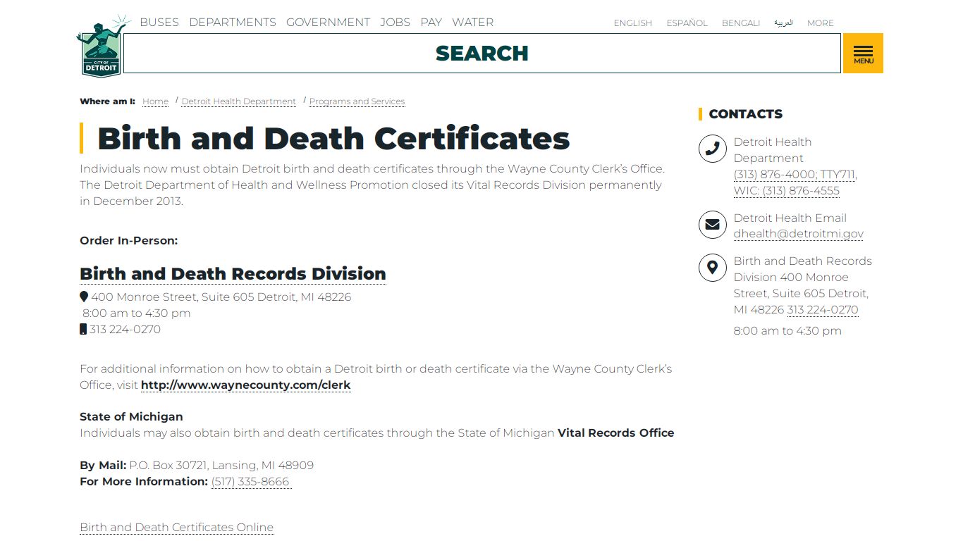 Birth and Death Certificates - City of Detroit